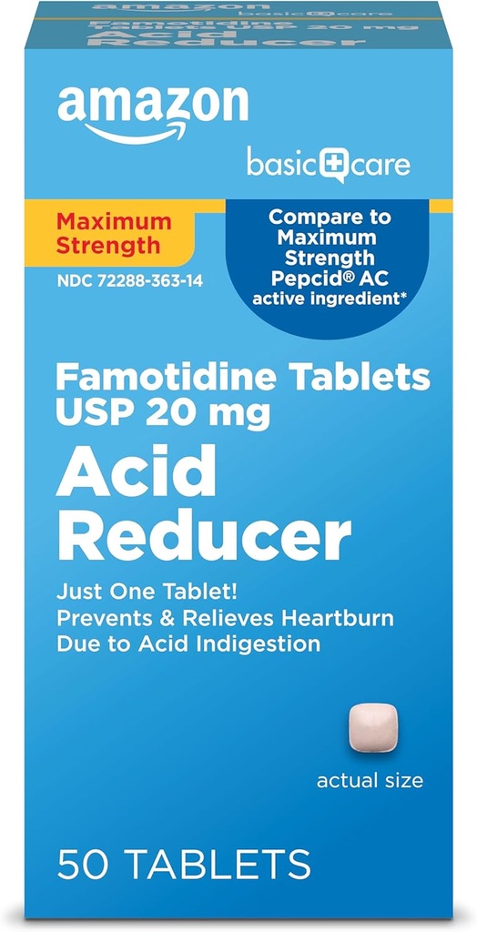 Cuidado Básico Cuidado Máximo Fuerza Tablas de Famotidina 20 mg, Reductor de ácido para el alivio de acidez, 50 Conde