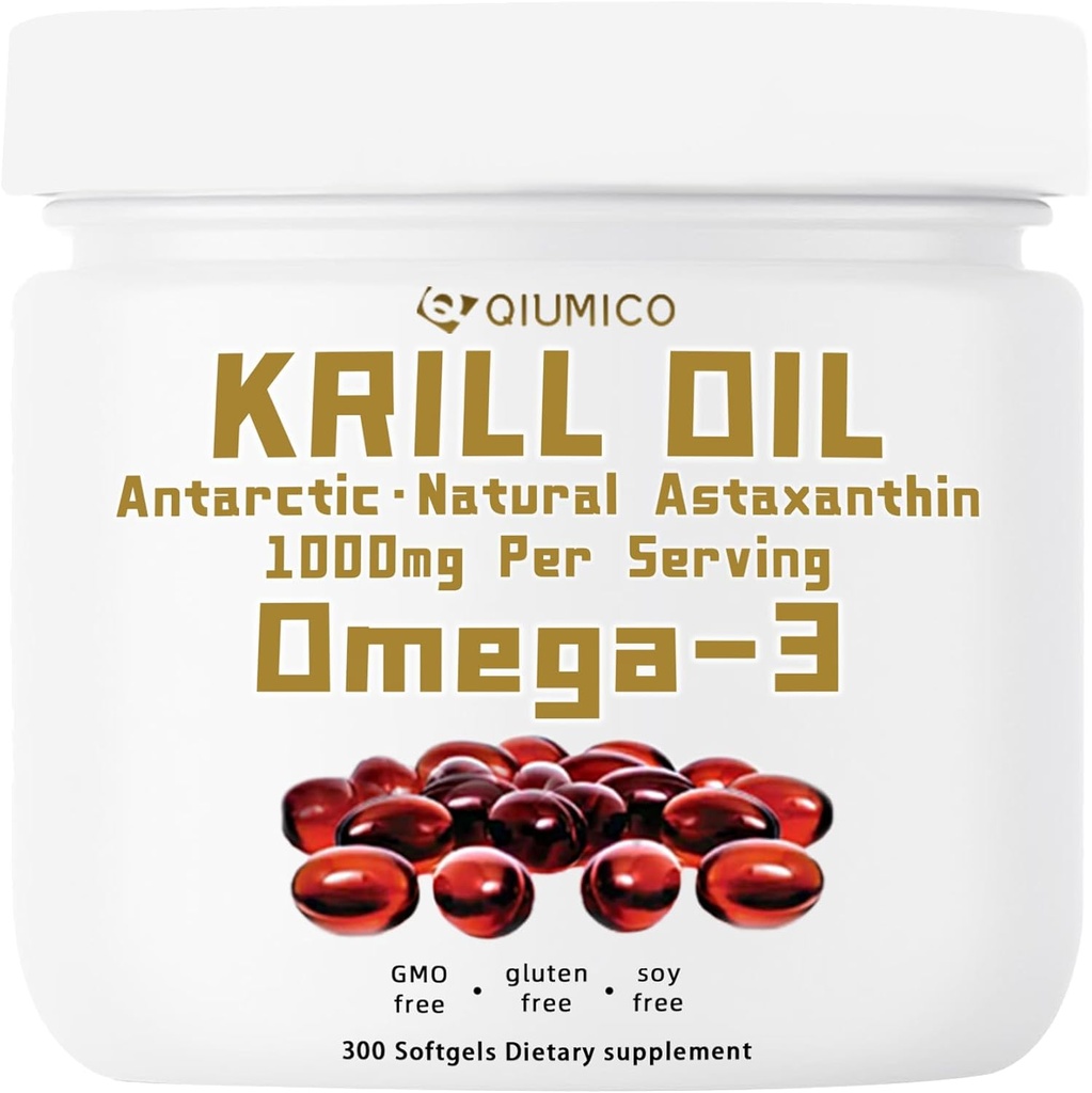 Suplemento de aceite de Krill Antártico, rico en Omega-3s EPA, DHA ' Astaxanthin, 1000mg Por Serving, Suplemento para el corazón y la inmunidad, 300 Soft-Gels