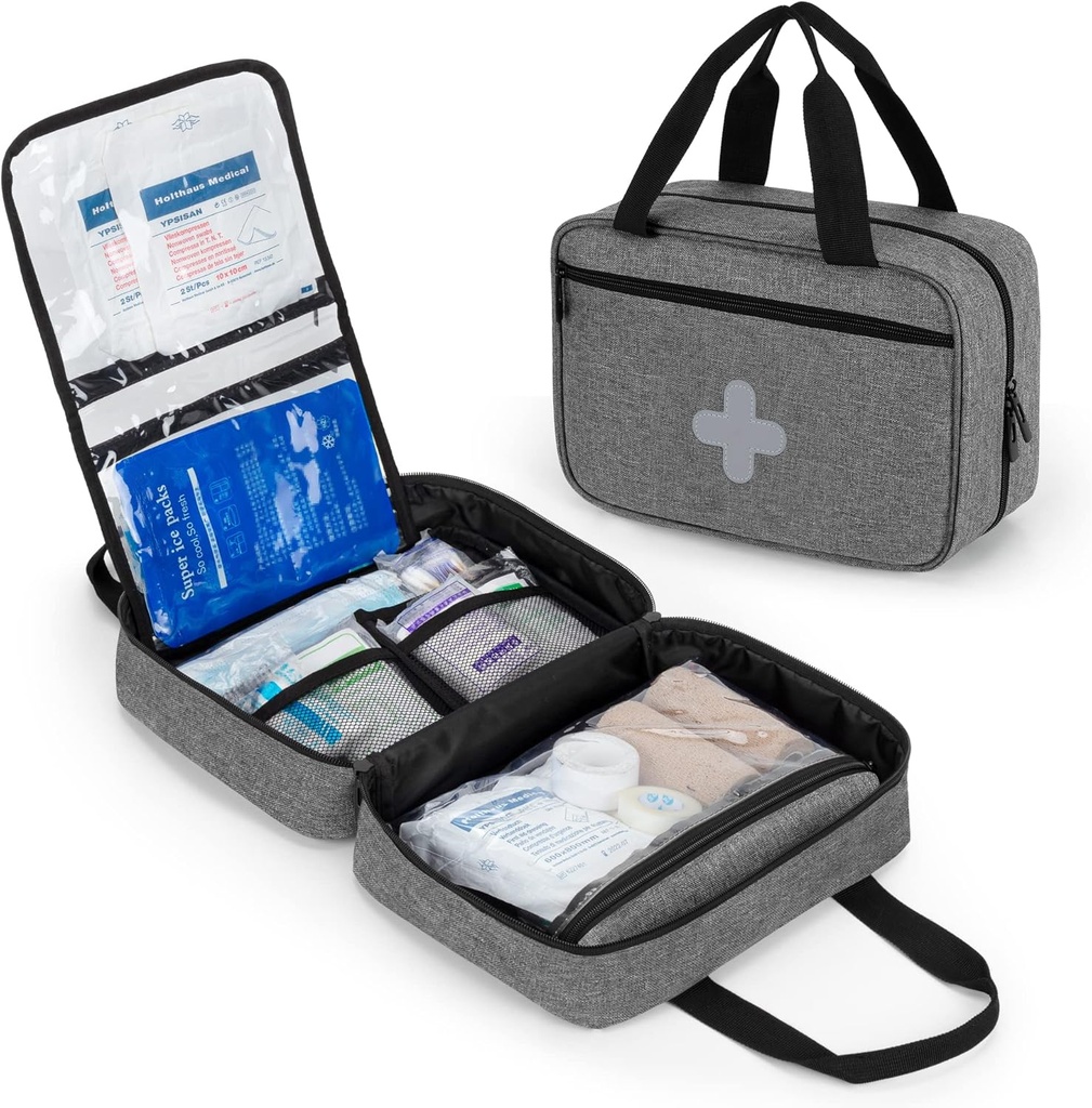 CURMIO Pequeña bolsa de primeros auxilios, Empty Emergency Trauma Kit Organizer Bolsa para el senderismo, el camping, el coche, el viaje, el hogar y el exterior, Gray, BAG SOLAMENTE, pendiente de patente