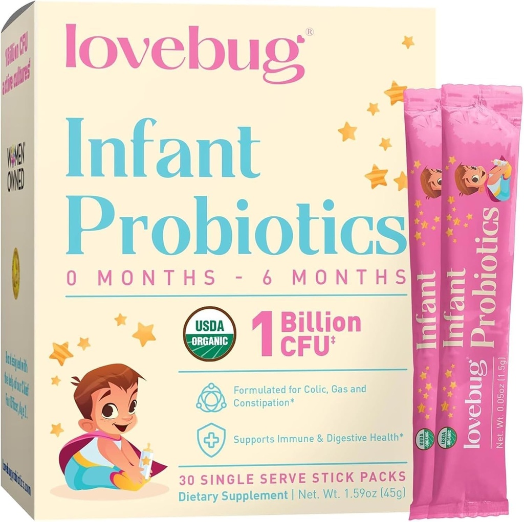 Probióticos para bebés de LOVEBUG 0-6 meses - USDA Probióticos orgánicos para bebés, soporta gas de bebé, cólico, diarrea y alivio del estreñimiento de recién nacidos, libre de alérgenos y azúcar, polvo sin sabor, 30 paquete