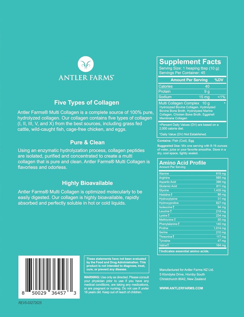 Antler Farms - Multi Collagen Protein Powder - 5 Tipos (I, II, III, V y X) 100% Peptides de Collagen Hidrolyzed Puro para Hombres y Mujeres - Bioavailable, rápida Aborción - Desflavorado - 1 lb