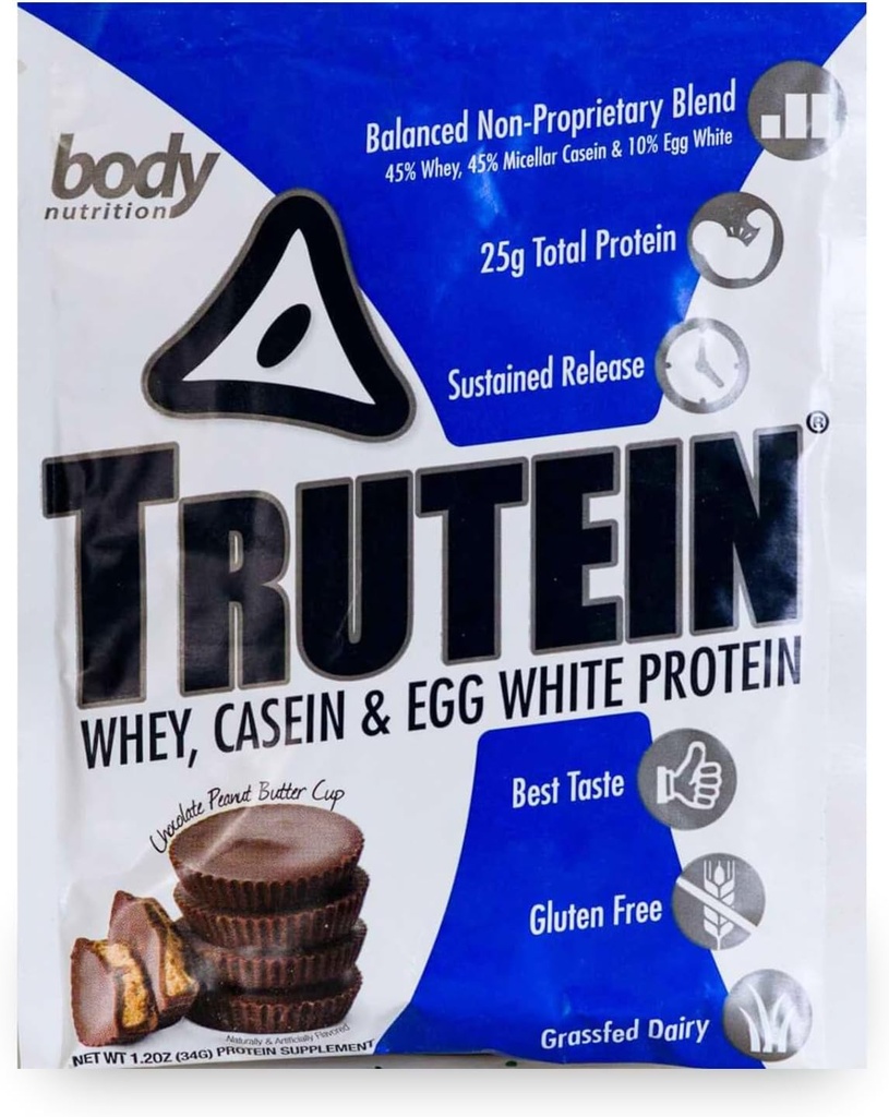 Body Nutrition Trutein High Protein Powder: 45% Whey, 45% Casein, 10% Egg White, Gluten-Free, Low Sodium, Grass Fed Whey Protein, Gym Supplement &amp; Breakfast Shake, Chocolate Peanut Butter, 34g Sample