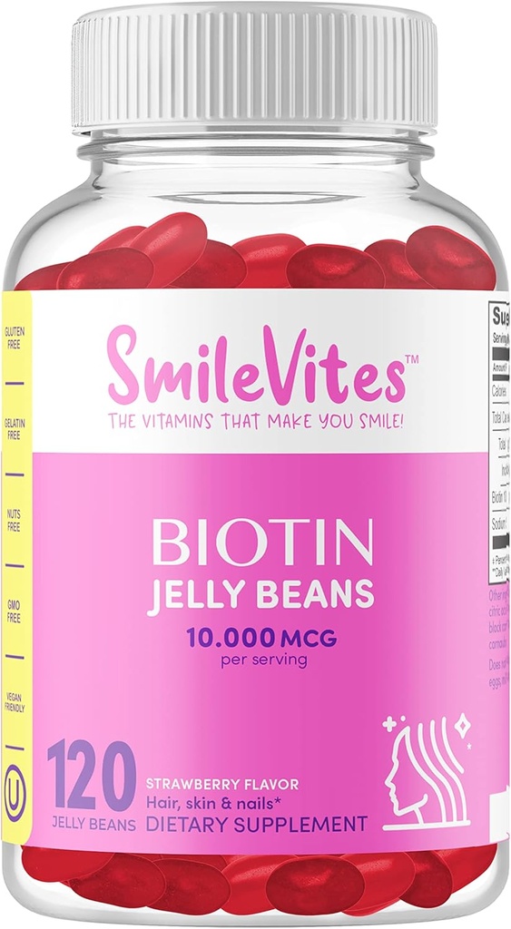 Heartland Pharma Biotin 10,000 MGC Jelly Beans ← Hair, Skin & Nails Support ← Vegan, Gluten-Free, Non-GMO & Kosher Friendly ← Strawberry Flavor ← 120 Count