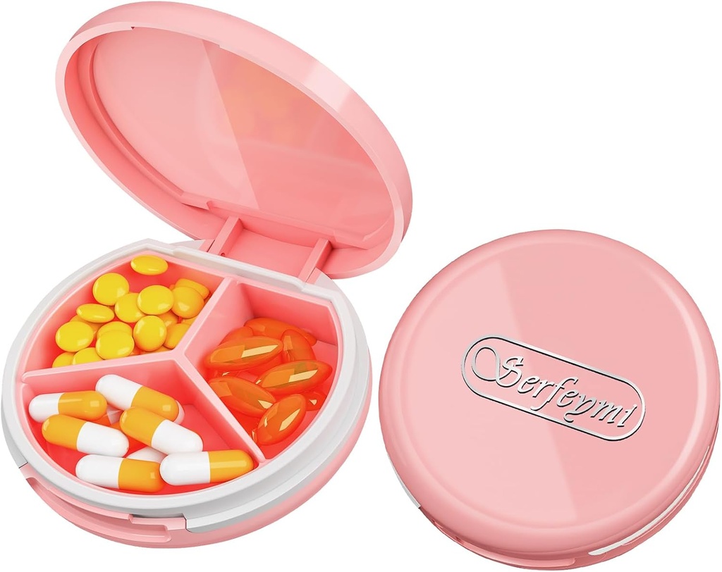 Serfeymi Small Pill Box - 3 Compartimientos Caja de Píldora Portátil, Caja de Píldora compacta Mini Travel Pill - Apto para Medicina, Vitamina, Petróleo de Pesca, Suplementos - Rosa(Logo)