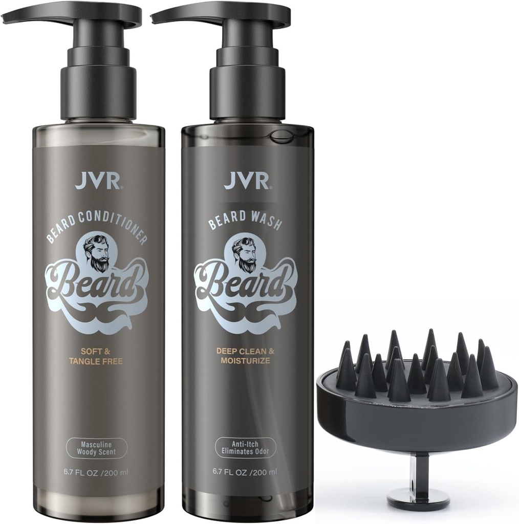 JVR Beard Wash and Beard Conditioner for Men, Beard Shampoo Cleanse and Reduces Frizz, Soften &amp; Strengthenings, Organic with Coconut, Aloe, Provides Shine for Dry &amp; Coarse Beards, Beard Care (6.7oz)