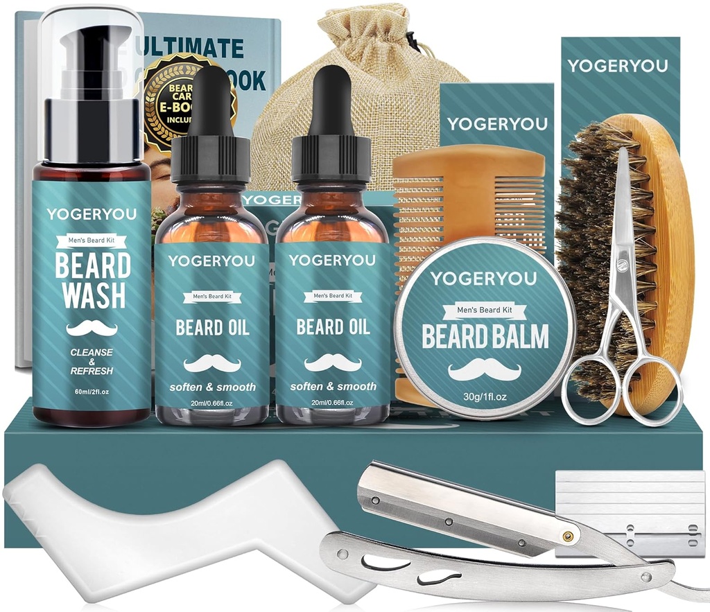 Beard Kit,Beard Grooming Kit para Hombres W/Straight Razor,2 PACK Beard Oil, Wash, Balm, Brush, Comb, Tijeras Mens Cumpleaños Regalos de Navidad para Hombres Boyfriend Husband Beard Trimming Shaving Kit