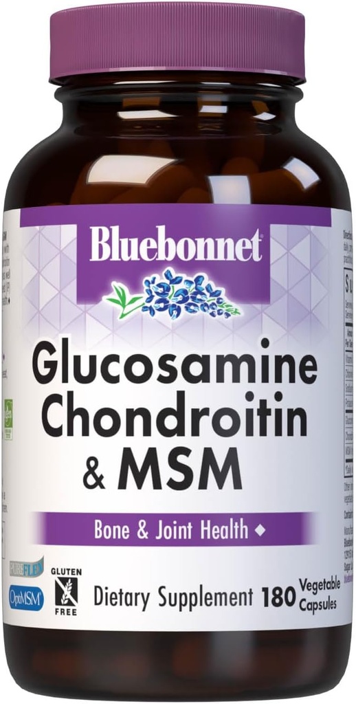 Bluebonnet Nutrition Glucosamine Chondroitin Plus MSM, Glucosamine, Chondroitin Sulfate, Vitamina C &amp; OptiMSM, Bone &amp; Joint Health, Non Gluten Free, Soy Free, Milk Free, 180 Vegetable Capsules