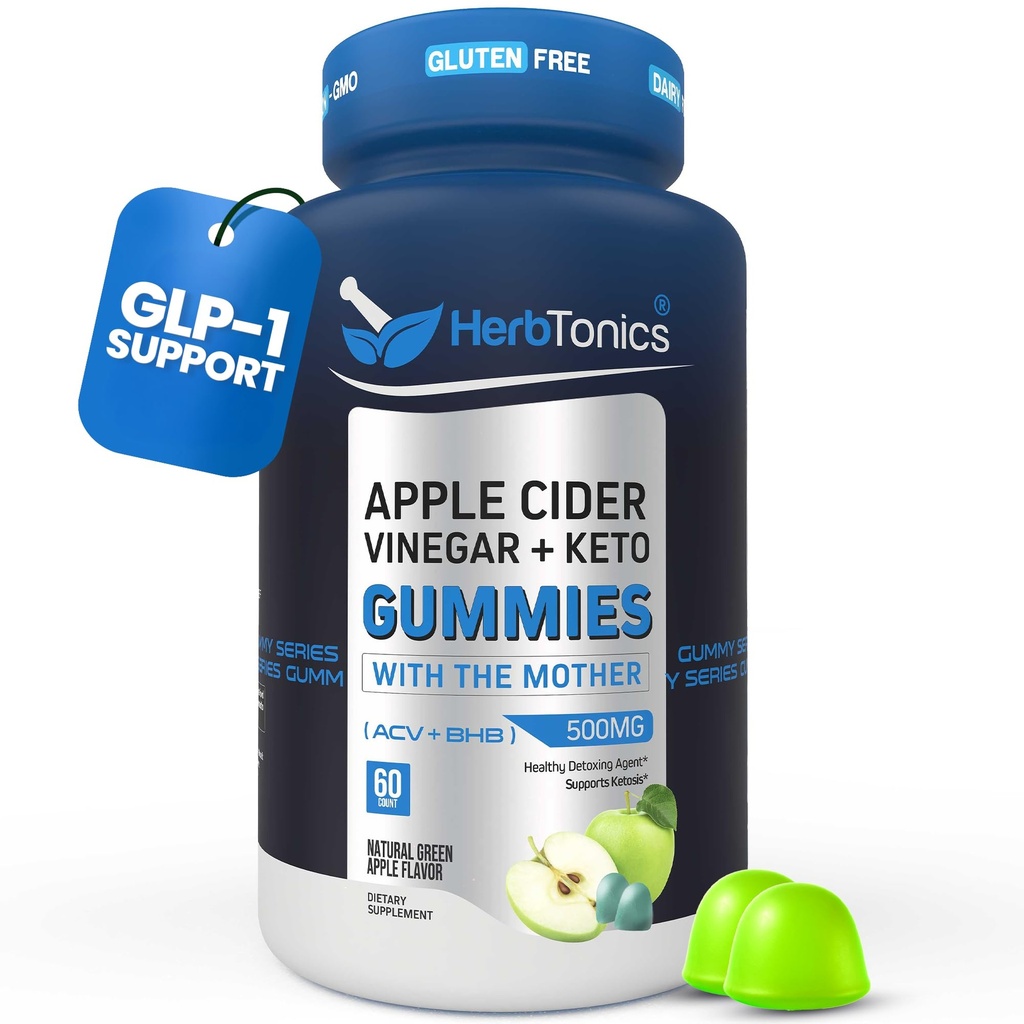 Herbtonics Keto Apple Cider Vinegar Gummies ← Digestión " Detox  GLP-1 Support ← Sugar Free BHB Advanced Formula for Keto Support - Raw ACV with The Mother - 60 Vegan ACV Gummies