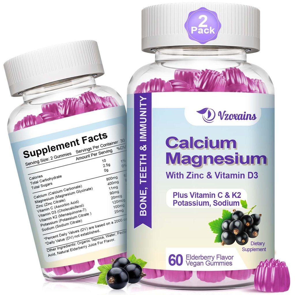 High Absorption Calcium Gummies, Sugar Free Calcium Magnesium Supplement with Potassium Vitamin D3 for B0ne & Teeth Strength, Muscle Function - Vegan, Elderberry Flavor 120 Cts