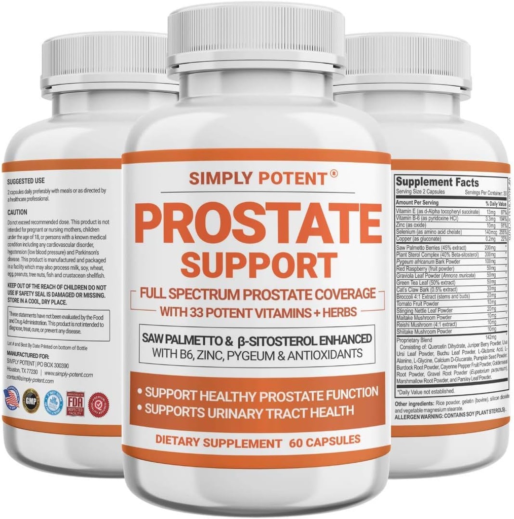 Suplementos de próstata para hombres, Saw Palmetto Prostate Health Support w / 33 Vitaminas " Herbs - Beta Sitosterol Plus B6, Selenium " Zinc for Healthy Urination Frequency " Flow " Proper Sleep (60 cápsulas)