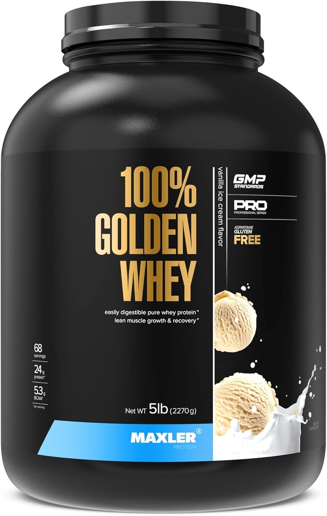 Maxler 100% Golden Whey Protein - 24g de Proteína por Servir - Premium Whey Protein Powder para Pre Post Workout - Fast-Absorbing Whey Concentrate, Isolate & Hydrolysate Blend - Vanilla Ice Cream 5 lb