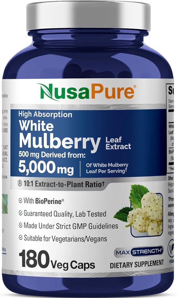 NusaPure White Mulberry Leaf Extracto 10:1 Extracto, 500 mg Equivalente a 5000mg 180 Veg Caps (Vegan, No GMO Bioperina)