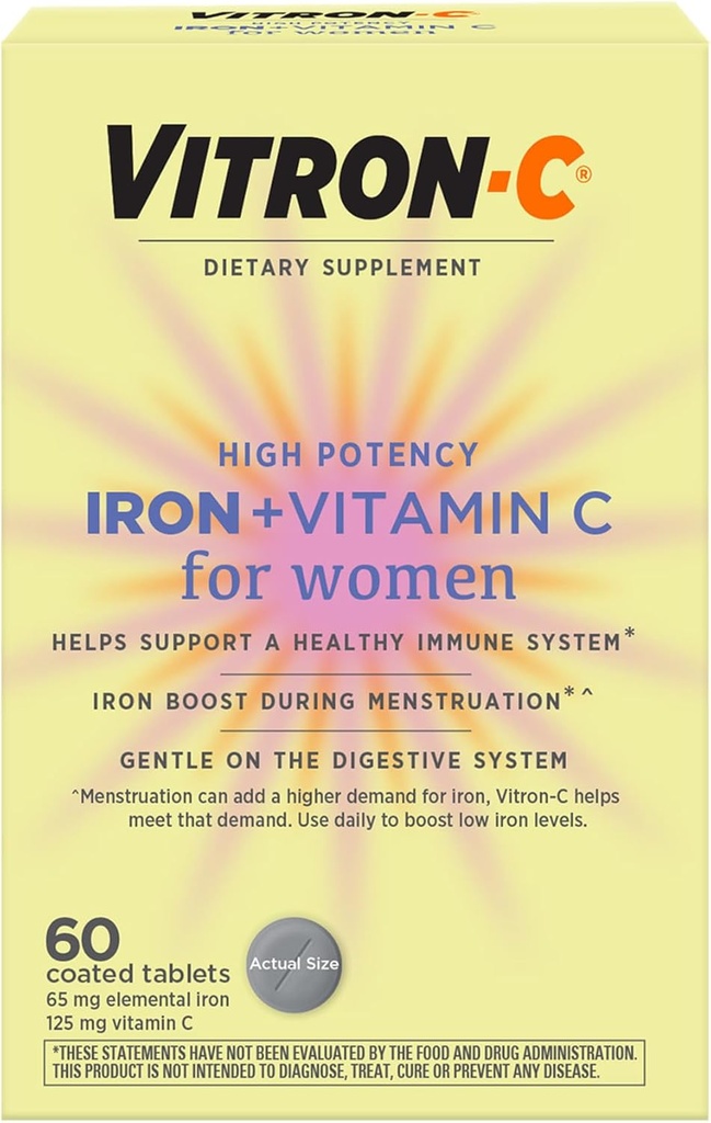 Suplemento de hierro Vitron-C para mujeres con vitamina C, para la producción de células rojas de sangre &amp; Immune Support, 60 Con