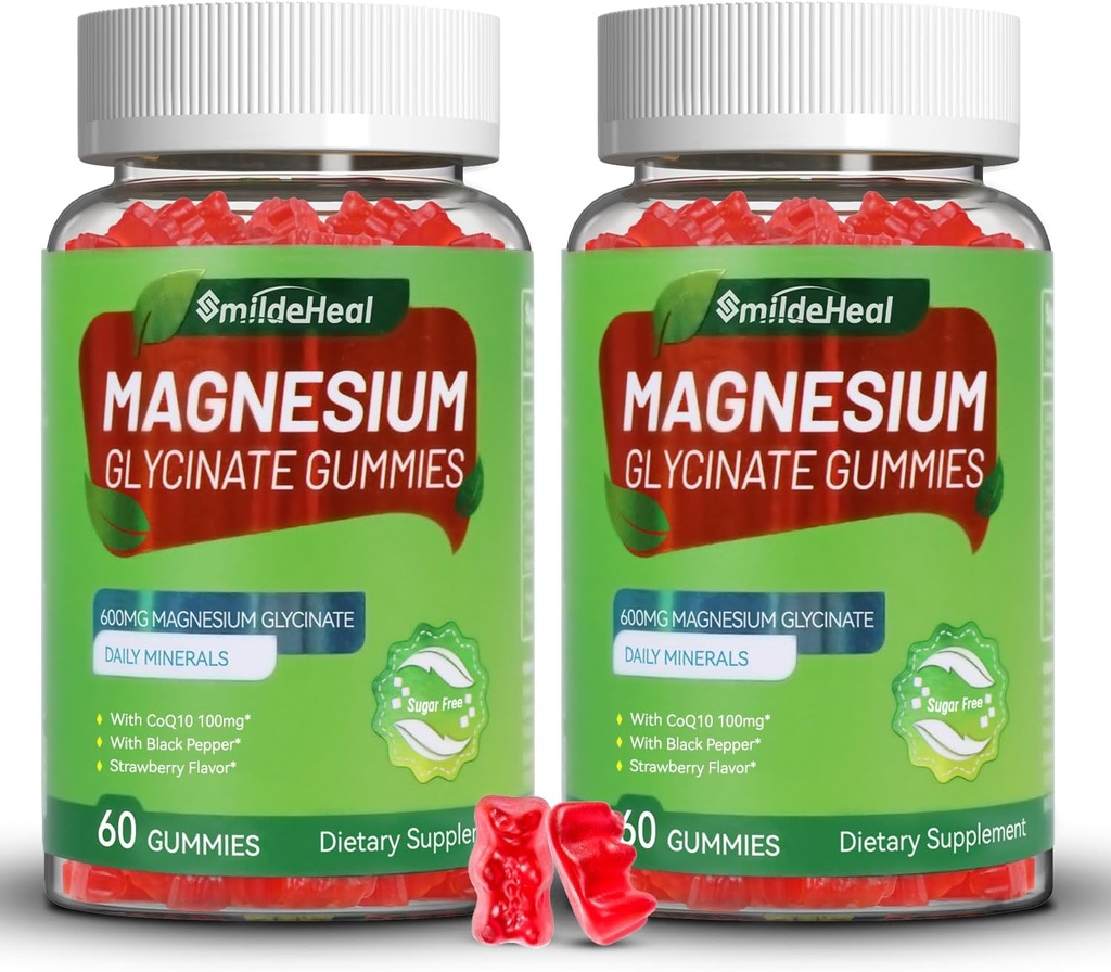 Magnesium Glycinate Gummies 600mg, Magnesium Gummies for Women & Men, with Magnesium L-Threonate 300mg, CoQ10 and Black Pepper, Vegan (120 Count)