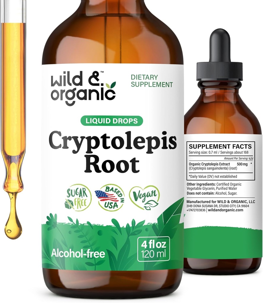 Wild & Organic Cryptolepis Tincture - Herbal Drops for Detox &amp; Immune Support - 2-Month Supply - Liquid Cryptolepis Root Extract Drop Drops - Vegan, Sugar &amp; Alcohol-Free - 4 fl oz