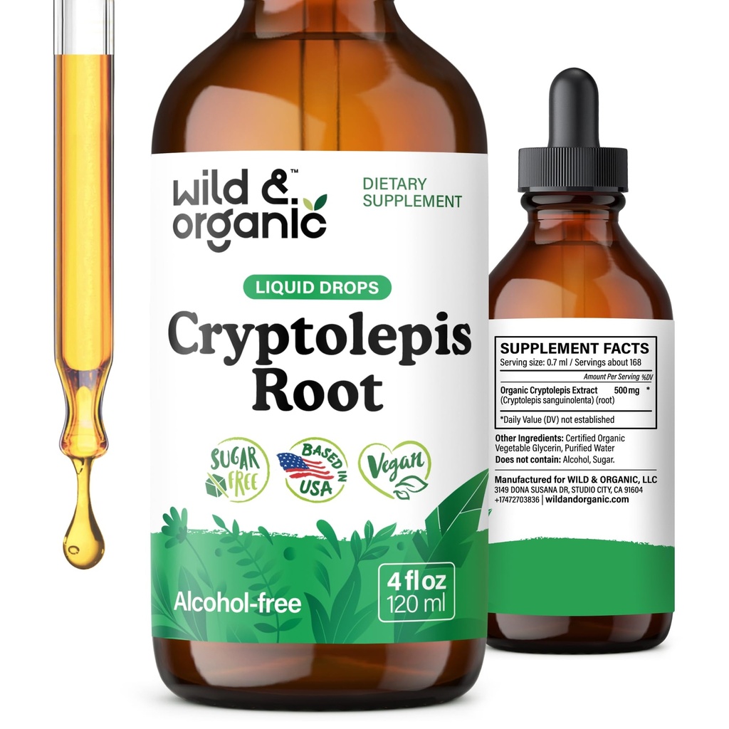Wild & Organic Cryptolepis Tincture - Herbal Drops for Detox &amp; Immune Support - 2-Month Supply - Liquid Cryptolepis Root Extract Drop Drops - Vegan, Sugar &amp; Alcohol-Free - 4 fl oz