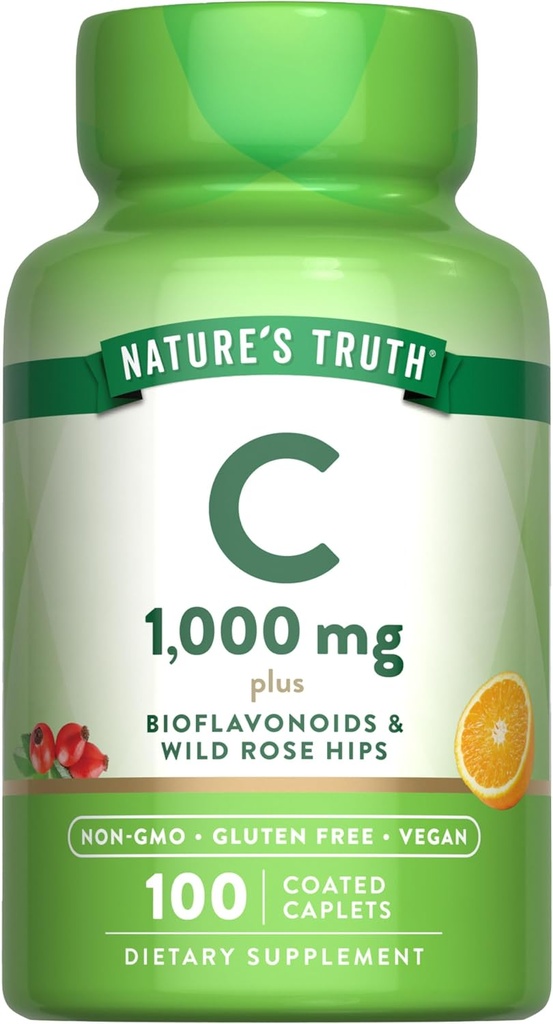 La verdad de la naturaleza Vitamina C Bioflavonoids & Rose HIPS TEN 1000mg TENED 100 Caplets ANTE Vegan, Non-GMO y Gluten Suplemento Libre