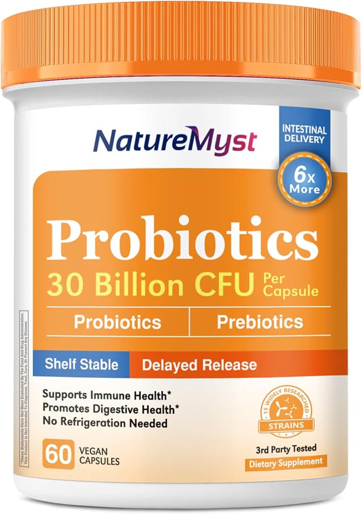 Probióticos, 30 Billones CFU, 15 Strains, con Prebióticos para Hombres y Mujeres, Gut Health, Immune &amp; Digestive Support, Shelf Stable, Delayed Release, 60 Vegan Caps