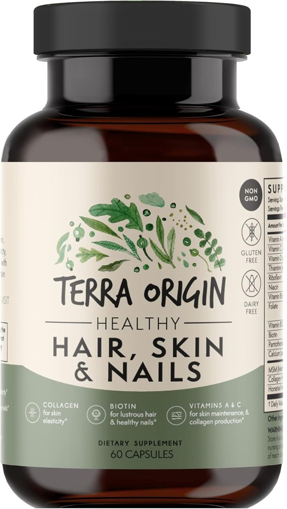 TERRA ORIGIN Healthy Hair, Skin and Nails Supplement TEN Collagen, Biotin, Horsetail &amp; B-Complex TENIDO Apoyos Hair Strength, Skin Elasticity &amp; Nail Growth TEN Vitaminas para Mujeres y Hombres