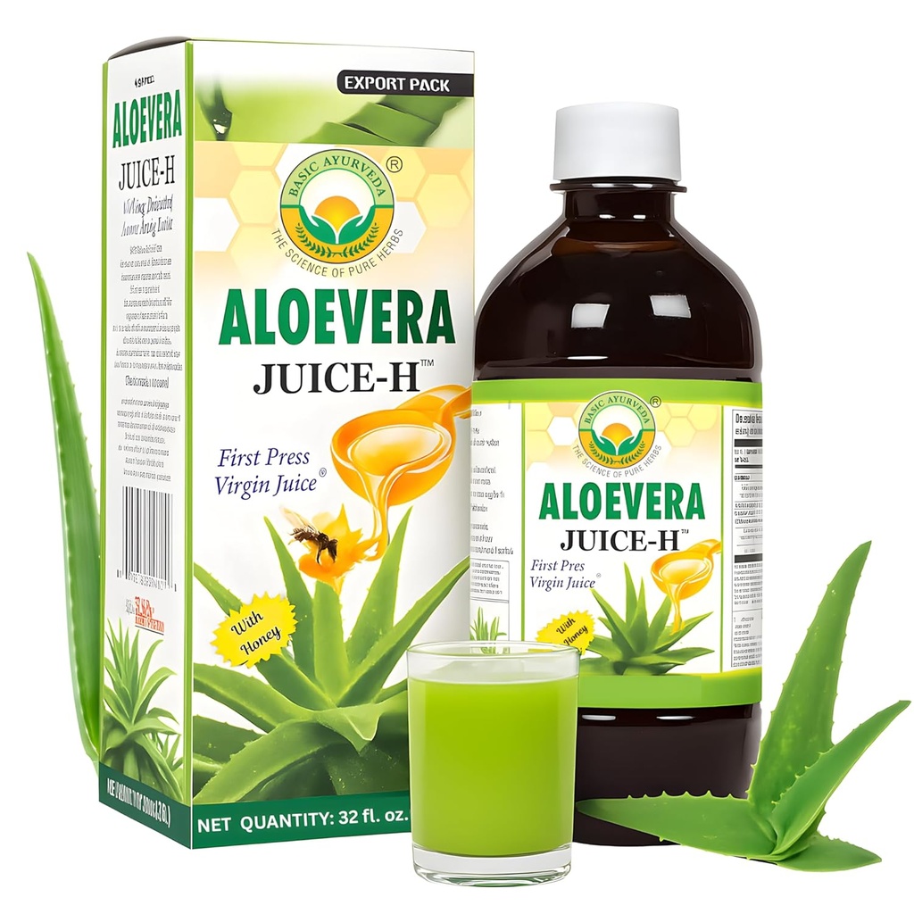 BASIC AYURVEDA Aloe Vera Jugo con Miel 32.46 Fl Oz (960ml) Silencio Apoya Salud Digestiva, Hidratación " Bienestar de la piel  durable Cold Presionado Herbal Jugo Silencio Natural Limpiar Silencio No Añadido Sugar