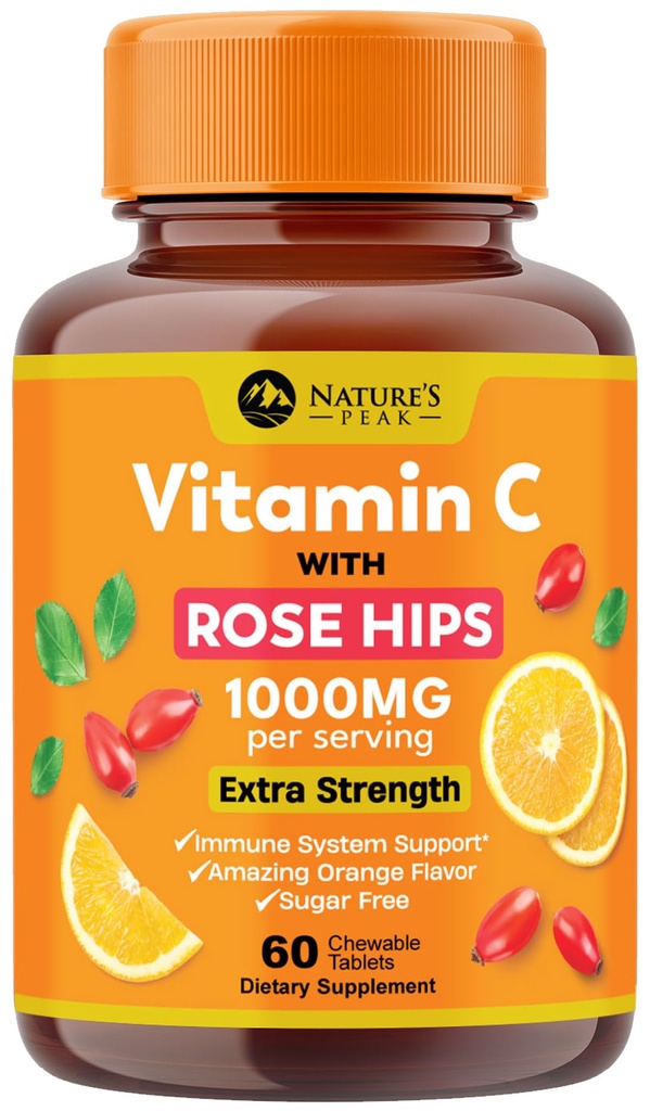 Vitamina C 1000mg Suplemento Chewable - Soporte extra de tallas Vitamina C Suplemento dietético con Rosa HIPS, Apoyo Antioxidante Vitamina C, Natural, Vegano, Sabor Naranja - 60 Tabletas
