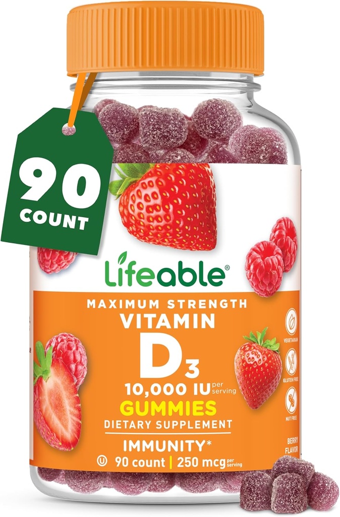 Vitamina vital D3 10000IU TENIDO Gran Tasting Bone Strength Suplementos TENIDO Vitamina D3 Gummies for Bone Health TENIDO Vitamina D Gummies for Adults, Hombres, Mujeres ANTE 90 Gummies