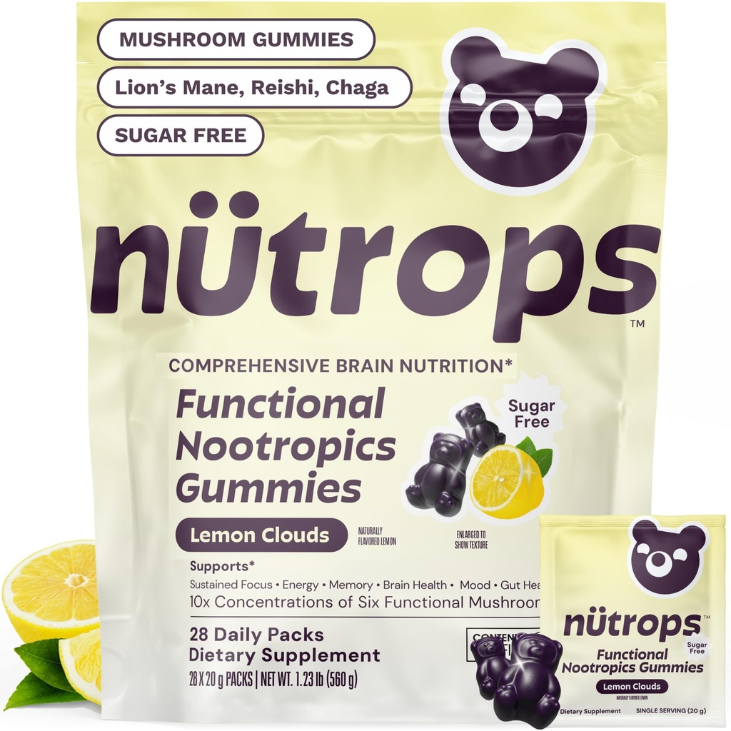Nutrops Leones libres de azúcar Mane Mushroom Gummies for Adults, Nootropics Funcional, Suplemento Herbal para la Energía, Salud Cerebro, Cognitivo, Memoria & Focus, Reishi, Chaga, Cordyceps - 28 Day Supply