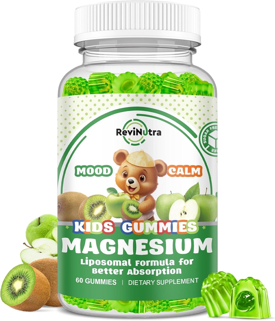 Liposomal Gummies Magnesium Glycinate Gummies for Kids Supplement-w/Omega-3, Vitamin B6, D3- Support Calm Stress Relief, Bones, Mood, Green Apple & Kiwi Flavor, 60 Conde