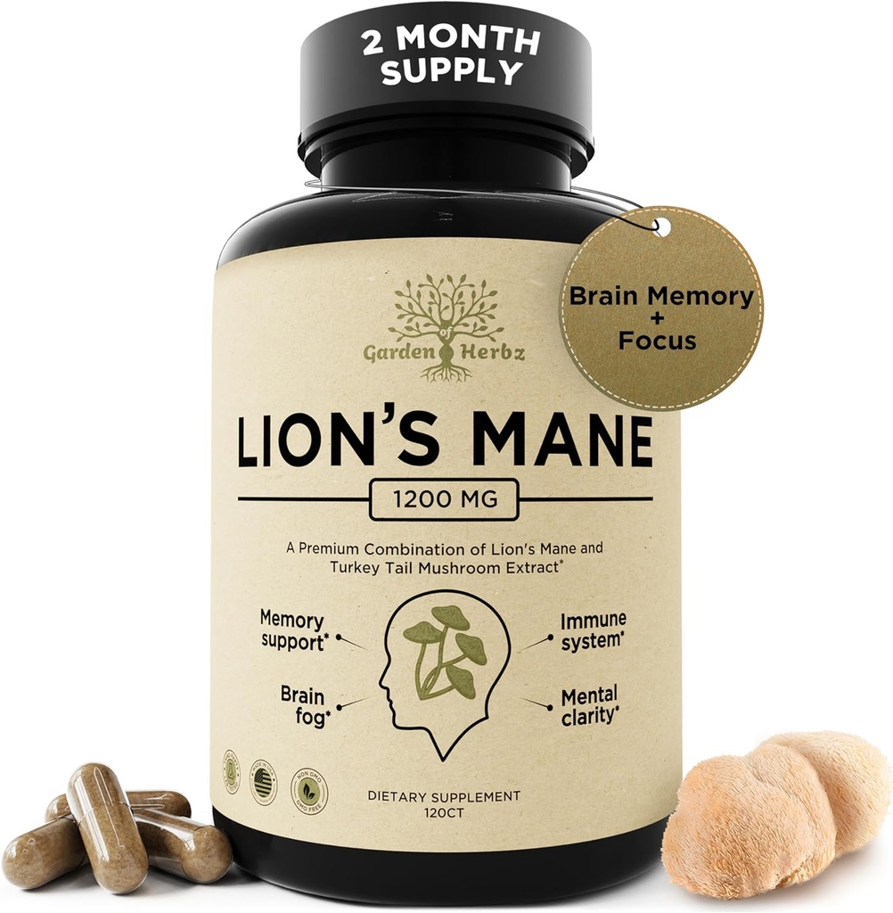 Lions Mane Supplement Capsules with Turkey Tail – Nootropic Brain Fog, Focus, Memory, Nerve Function, &amp; Immune Support Supplement – Non-GMO 1200 Mg Lions Mane Mushroom Supplement, 120 Caps.