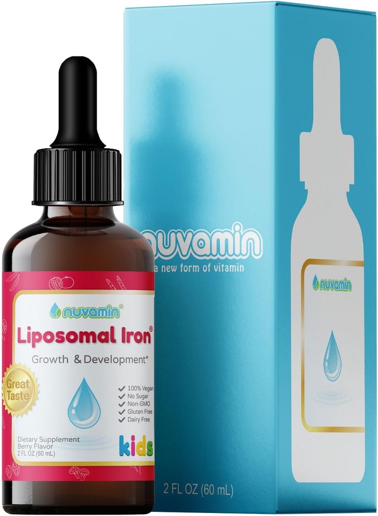 Nuvamin – gotas de hierro liposómico líquido para bebé, niños pequeños, adolescentes, 2Fl.Oz (60ml), 120 Daily Serving. Gran sabor - Todo natural - Vegan - No hay sabor metálico, sabor Berry