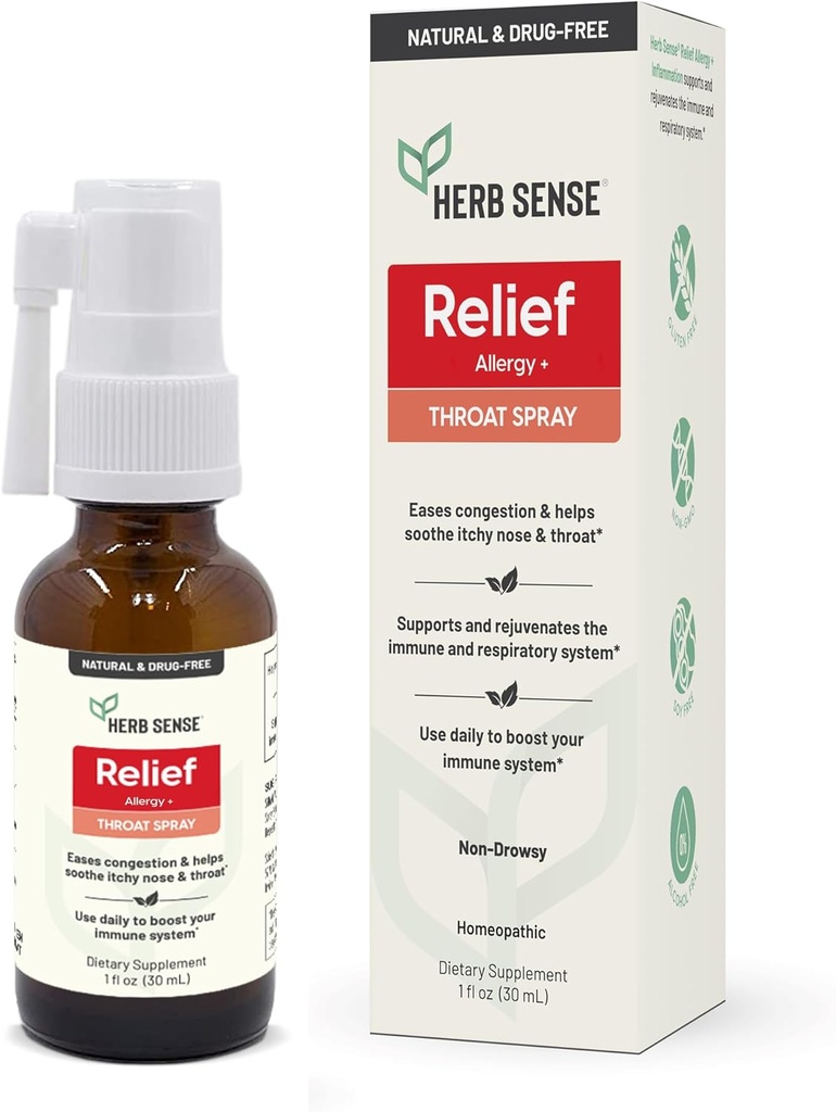 Herb Sense Allergy Relief, Throat Spray, Cooling & Soothing, Daily Support, Drug-Free, Natural, Immune Support, 1 oz, Gluten-Free, Non-GMO