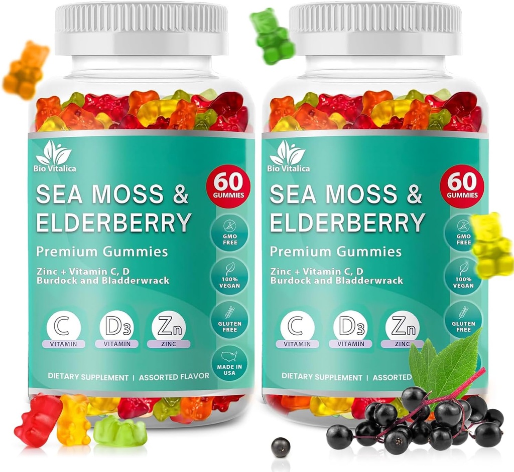 BIO VITALICA Sea Moss Gummies Elderberry BioVitalica - Vitamina C D + Zinc - Irish Seamoss Vegan Gummy with Sea Moss Gel & Powder for Immunity, Detox - for Adults and Kids (2Packs)