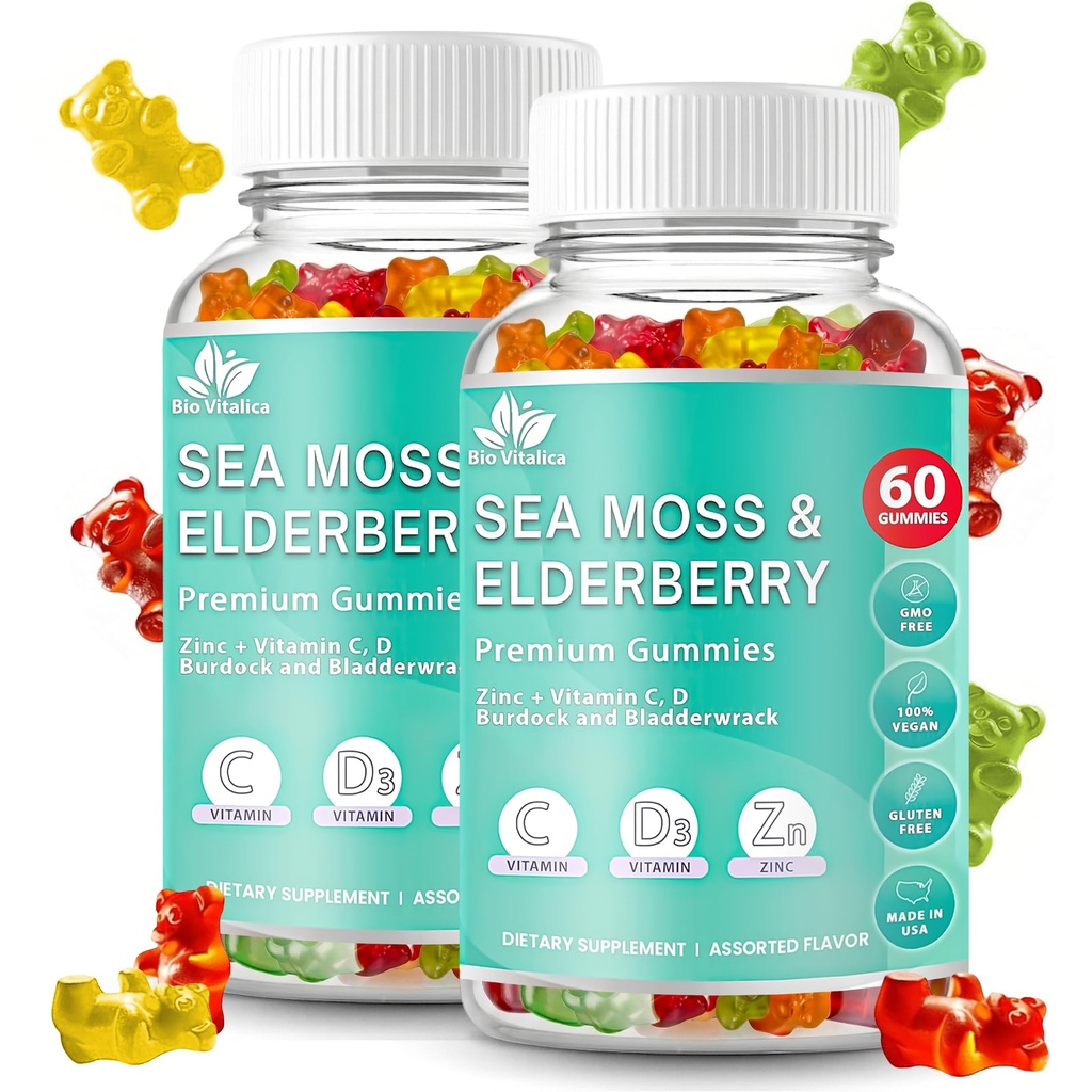 BIO VITALICA Sea Moss Gummies Elderberry BioVitalica - Vitamina C D + Zinc - Irish Seamoss Vegan Gummy with Sea Moss Gel & Powder for Immunity, Detox - for Adults and Kids (2Packs)