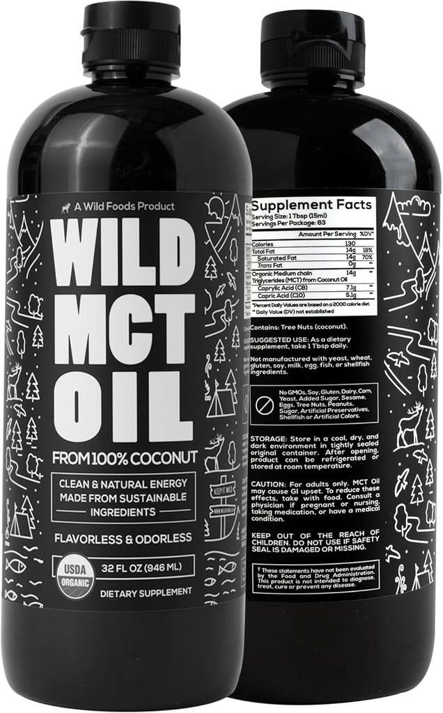 Aceite de MCT salvaje Coco orgánico – 32 fl oz – del 100% de coco natural – sin sabor C10/C8 MCT Aceite para la energía y el apoyo cognitivo – Keto-Friendly – Perfecto para el café, Shakes & Recetas