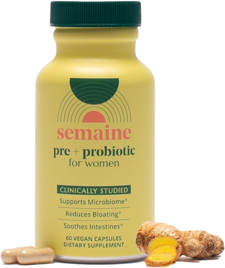 Prebiótico Semaine Super Powered + Probiótico para Mujeres, Fórmula Multi-Acción efectiva de 3-en-1 a Nourish Gut Health, Soothe IBS, Apoyo Bloat Relief & Immunity Boost, Clinically-Studied (60 ct)
