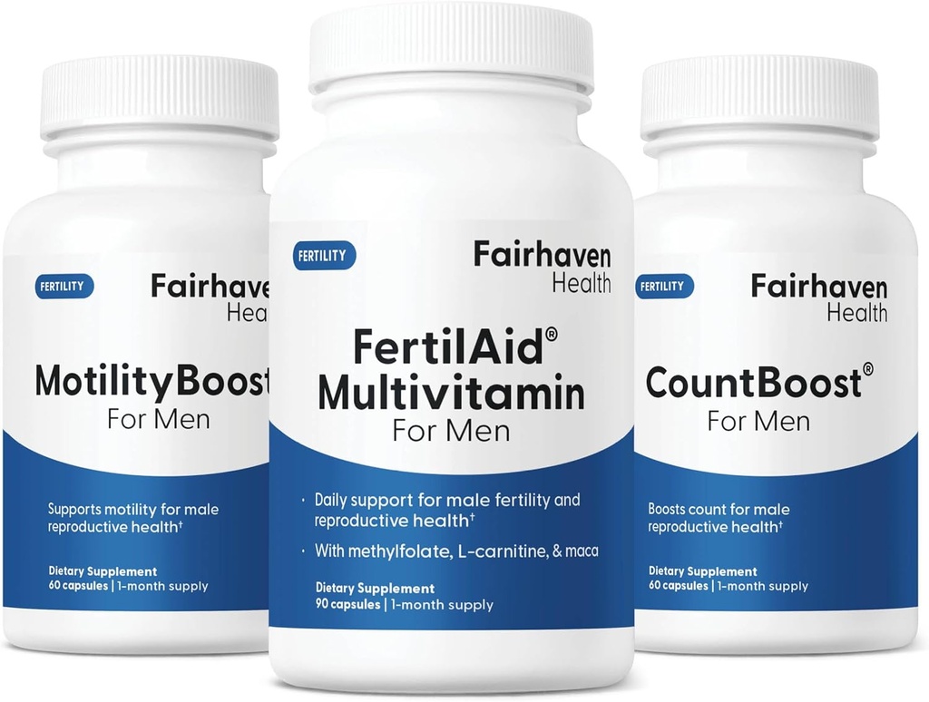 Fairhaven Health FertilAid for Men, MotilityBoost, and Countboost Combo Silencio Fertilidad Suplementos para Hombres Silencio Hombre Fertilidad Suplemento Concepción para él Vitamina Prenatal