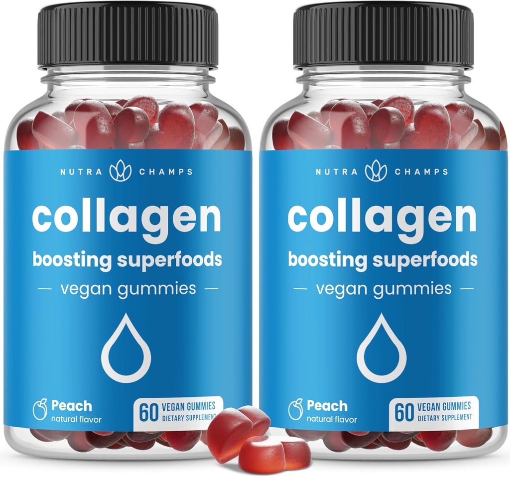 NutraChamps Collagen Boosting Gummies, Collagen Booster Gummy for Natural Collagen Production, Vegan Pectin Supplements Chews for Women &amp; Men, 60 Peach Gummies (Pack of 2)