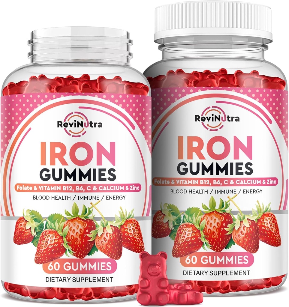 Gummies de hierro - con calcio, zinc, folato & vitamina B12, C, B6 para adultos &amp; niños - Constructor de sangre " Apoyo energético para la deficiencia de hierro, anemia, vegano - 2 Pack Strawberry Flavour,60 Gummies