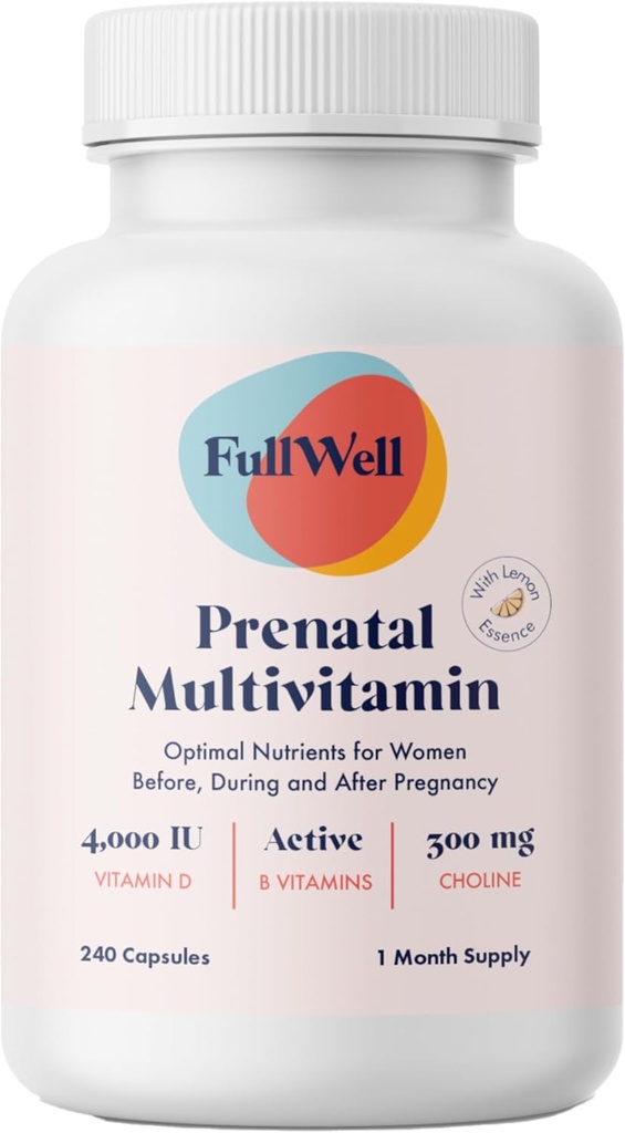FullWell Prenatal Vitaminas Lemon tención choline, folate, vitamina D para el crecimiento fetal, desarrollo del cerebro  26 Nutrientes vitales ← Dietitian-formulated, OBGYN recomendó, non-GMO, 3er Partido probado, 30 Servimientos
