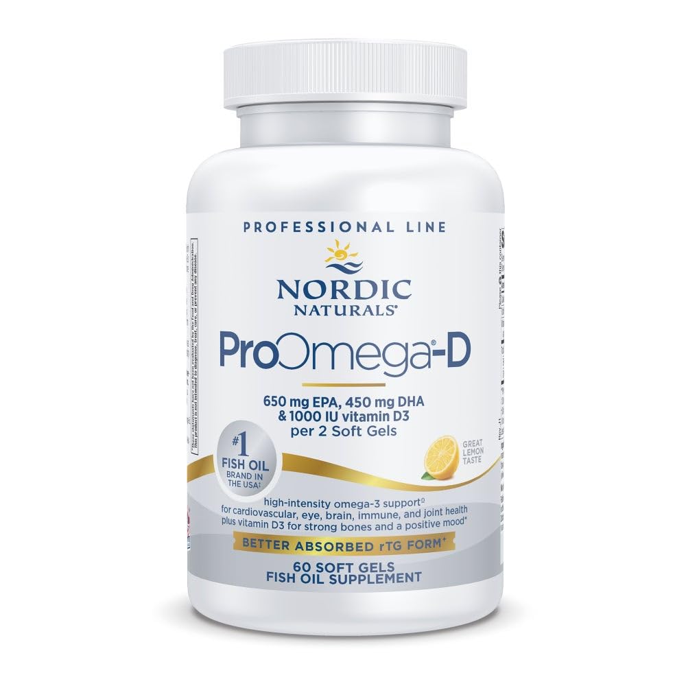 Naturales nórdicos ProOmega-D, Sabor de limón - 60 Gels blandos - 1280 mg Omega-3 + 1000 UI D3 - Aceite de pescado de alta potencia - EPA & DHA - Cerebro, Ojo, Corazón, &amp; Salud Inmune - No GMO - 30 Servimientos