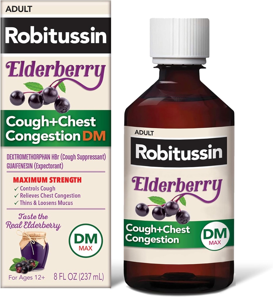 Robitussin Maximum Strength Elderberry Cough Plus Chest Congestion DM, Cough Suppressant for Adults, Provide Liquid Cough and Chest Congestion Relief - 8 Fl Oz