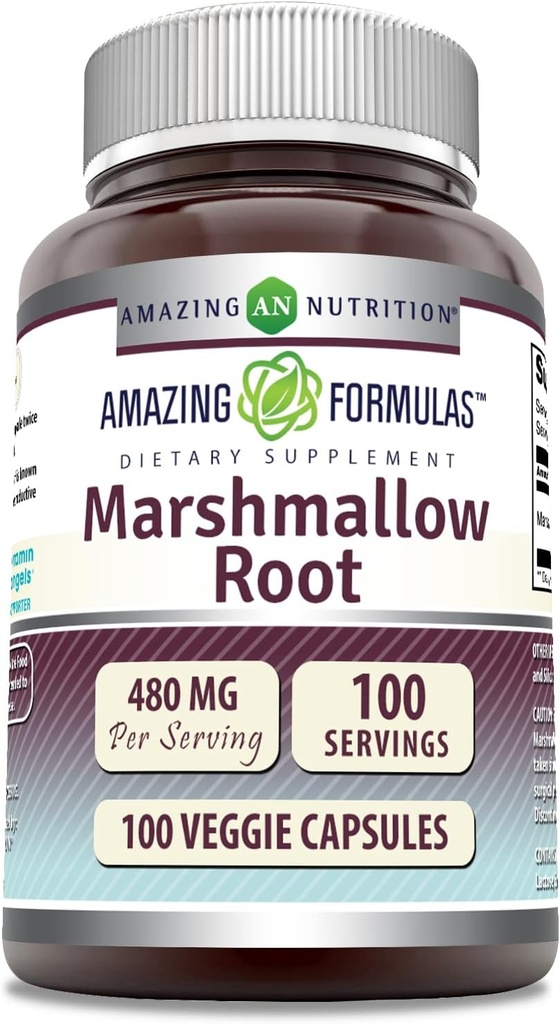 Amazing Fórmulas Marshmallow Root Suplemento Silencio 480 Mg Por Serving ← 100 Veggie Capsules ← Non-GMO TEN Gluten Free ← Made in USA