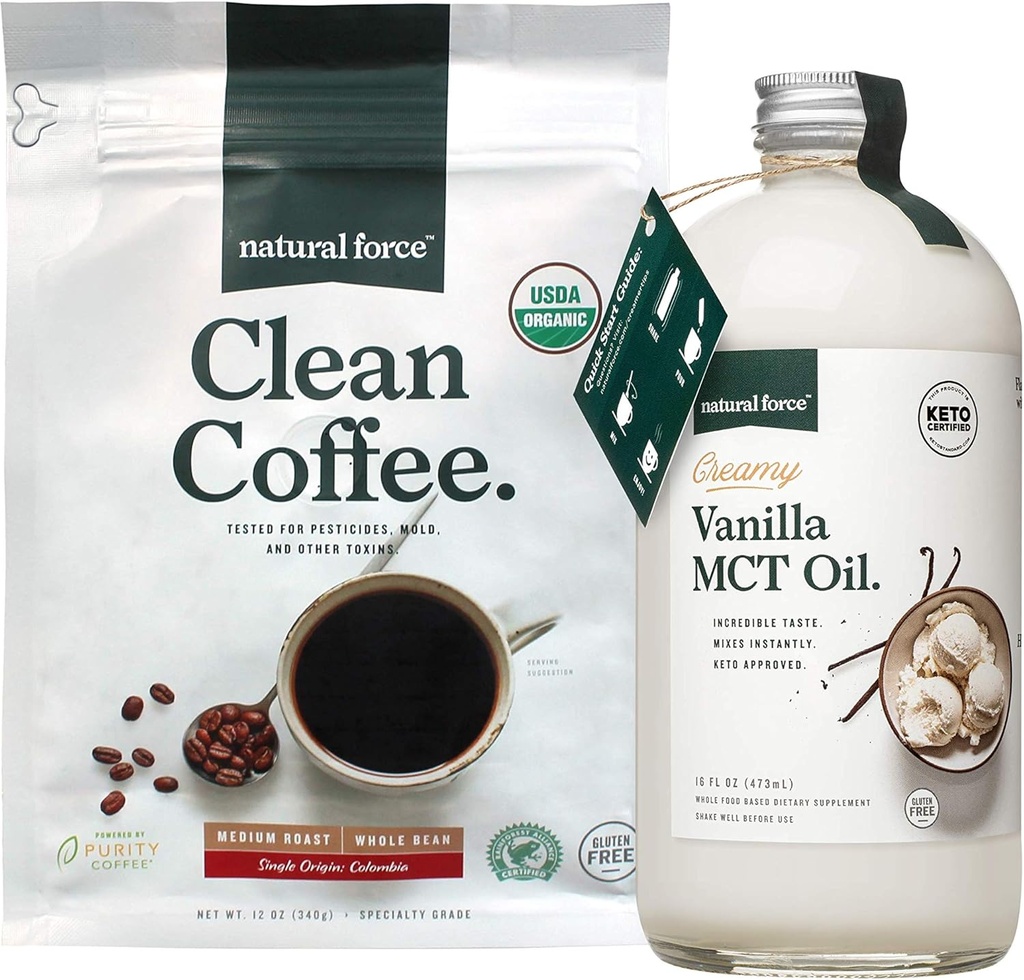 Natural Force Organic Clean Coffee + Creamy Vanilla MCT Oil Bundle – Flavored MCT Creamer & Mold & Mycotoxin Free Coffee – Non-GMO, Keto, Paleo y Vegan - 12 Oz Bag y 16 Oz Glass Bottle