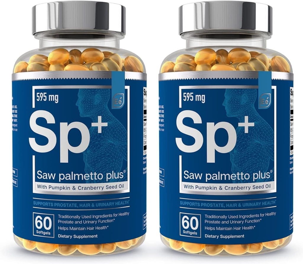 Elementos esenciales Saw Palmetto Plus - Suplemento de salud de próstata para hombres con calabaza y aceite de semilla de arándano tóxico soporta vejiga y salud urinaria 120 Softgels