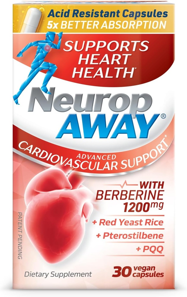 NeuropAWAY Cardiovascular Support 30ct 1200mg Berberine PQQ Levadura roja arroz Pterostilbene