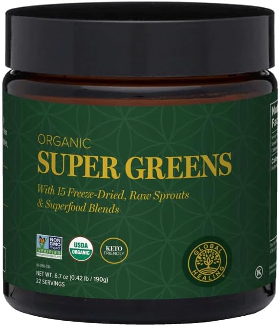 Global Healing Organic Super Greens Powder Blend - Greens Superfood Powder with 15 Raw Whole Sprouts - Delicious Green Juice Smoothie Mix for Daily Nutrition - Non-GMO, Gluten-Free Greens Suplementos