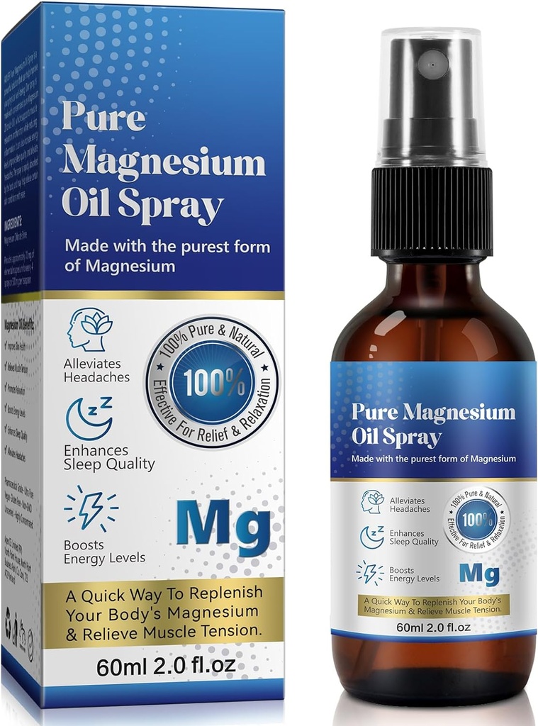 Óleo de Magnesio, Aceite de Magnesio para Pies, Aceite de Magnesio Puro Orígenes de Espray de Magnesio 100% Natural Fácil de Absorb y Uso(2 Fl.Oz)