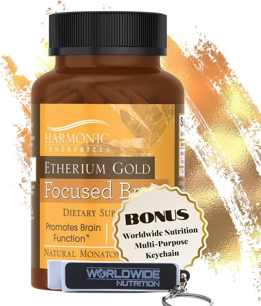 Global Nutrition Bundle: Harmonic Innerprizes Etherium Gold Focused Brain Dietary Supplement - 240 Count Veggie Capsules - Memory Support Supplement with Multi-Purpose Keychain