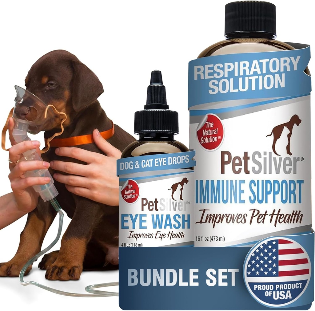 PetSilver - Immune Support (16 fl oz) y Eye Wash (4 fl oz) con Patented Chelated Silver - Alergias, Sinus &amp; Tratamiento de Tos - Eye Cleaner & Tear Stain Remover for Cats and Dogs - Made in USA