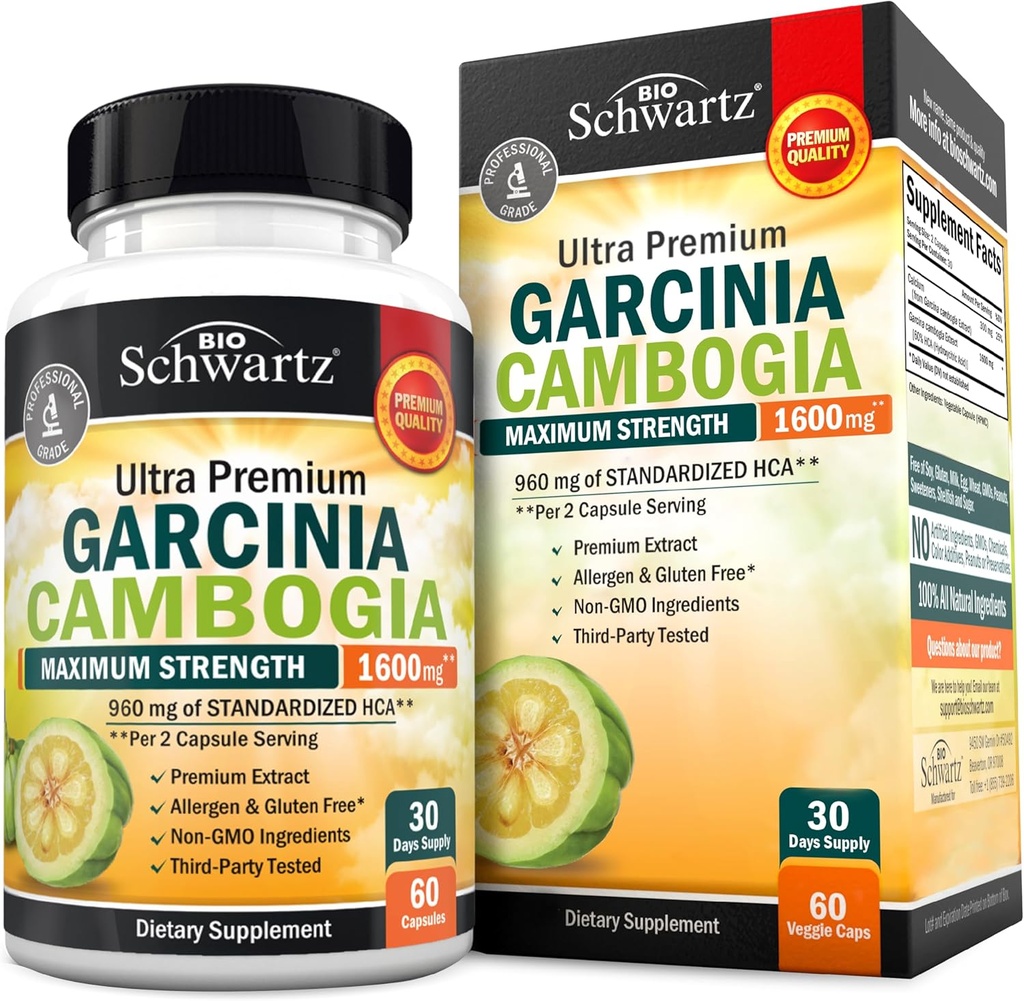 Garcinia Cambogia Píldoras de pérdida de peso - Maximum Strength Appetite Suppressant &amp; Fat Burner for Men &amp; Women - 1600mg Extracto natural > 960mg HCA - Metabolism Booster &amp; Carb Blocker Capsules - 60Ct